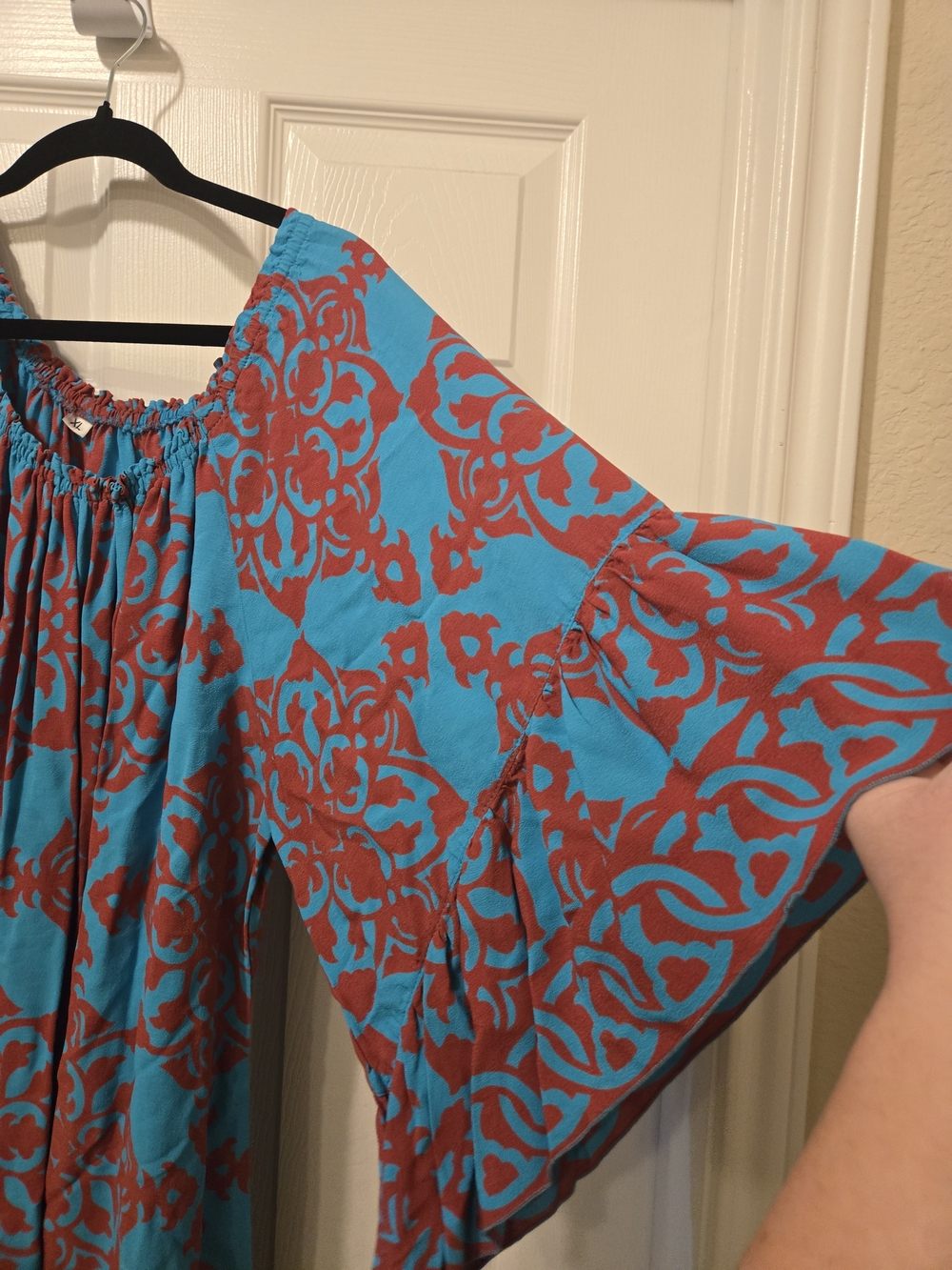 Boho Turquoise & Rust Mini Dress with Ruffled Sleeves - Picture 3 of 5